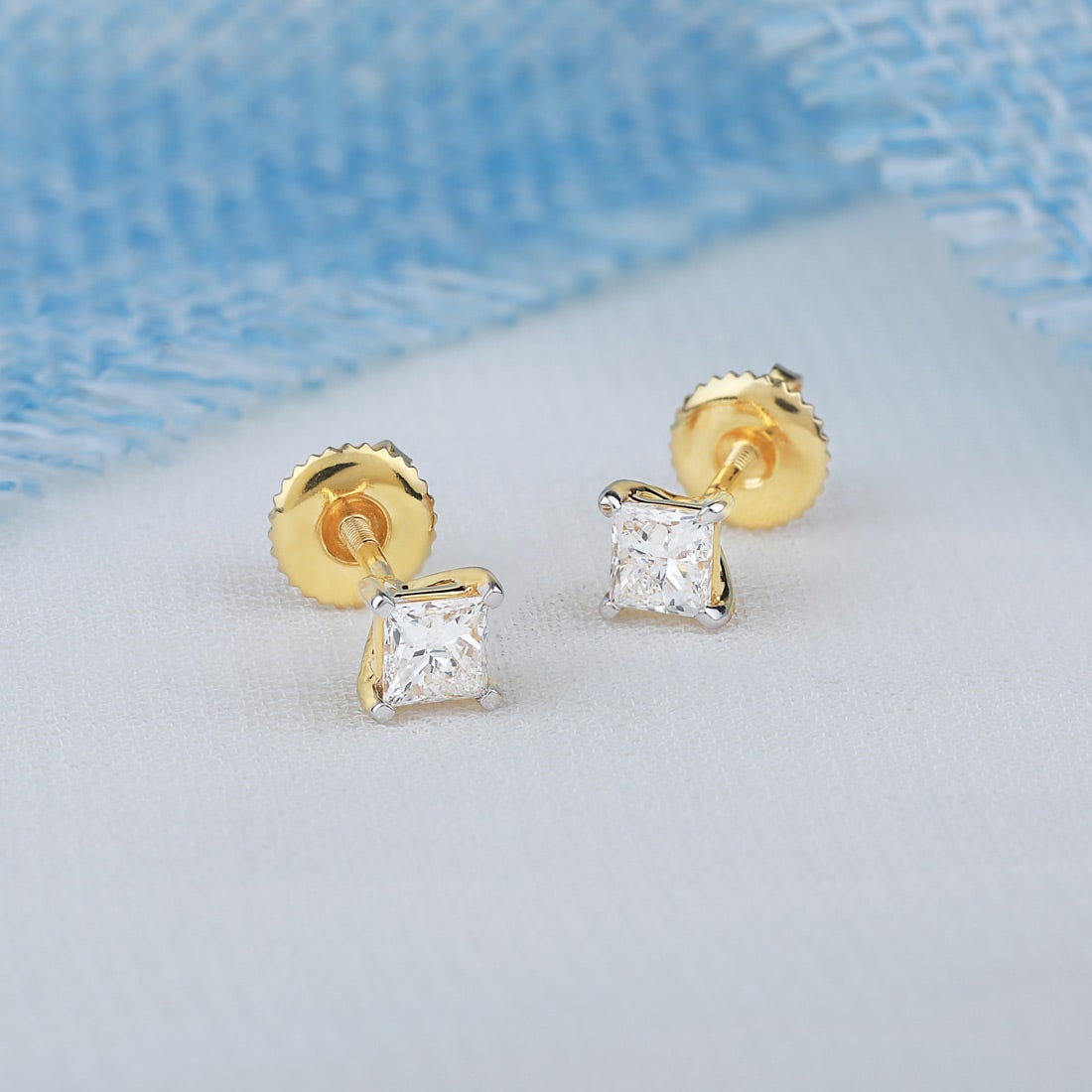 Square Diamond Stud Earrings in 18K Yellow Gold | Classic Screw Back