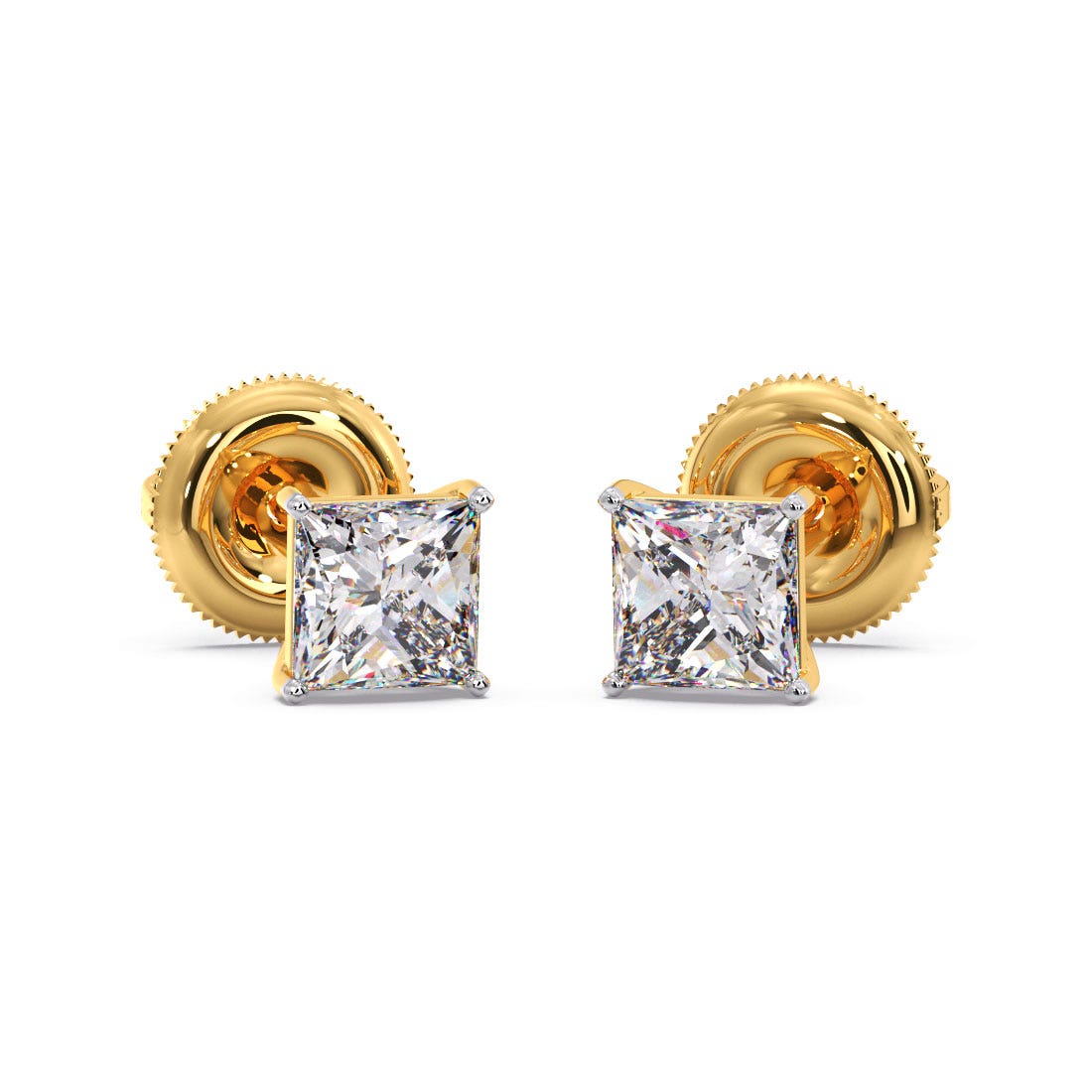 Square Diamond Stud Earrings in 18K Yellow Gold | Classic Screw Back