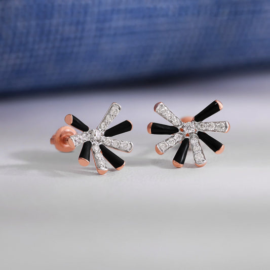 Diamond Starburst Stud Earrings in 18K Rose Gold with Black Enamel