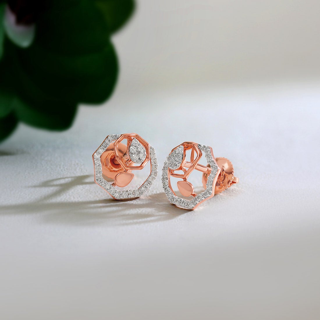 Geometric Diamond Halo Stud Earrings in 18K Rose Gold | Modern Luxury